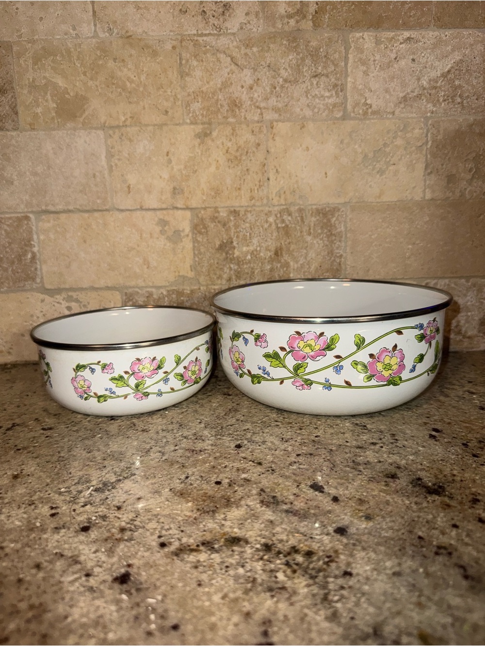 Enamel Floral Mixing Bowls - White with Pink Flower Pattern Cottagecore Whimsy